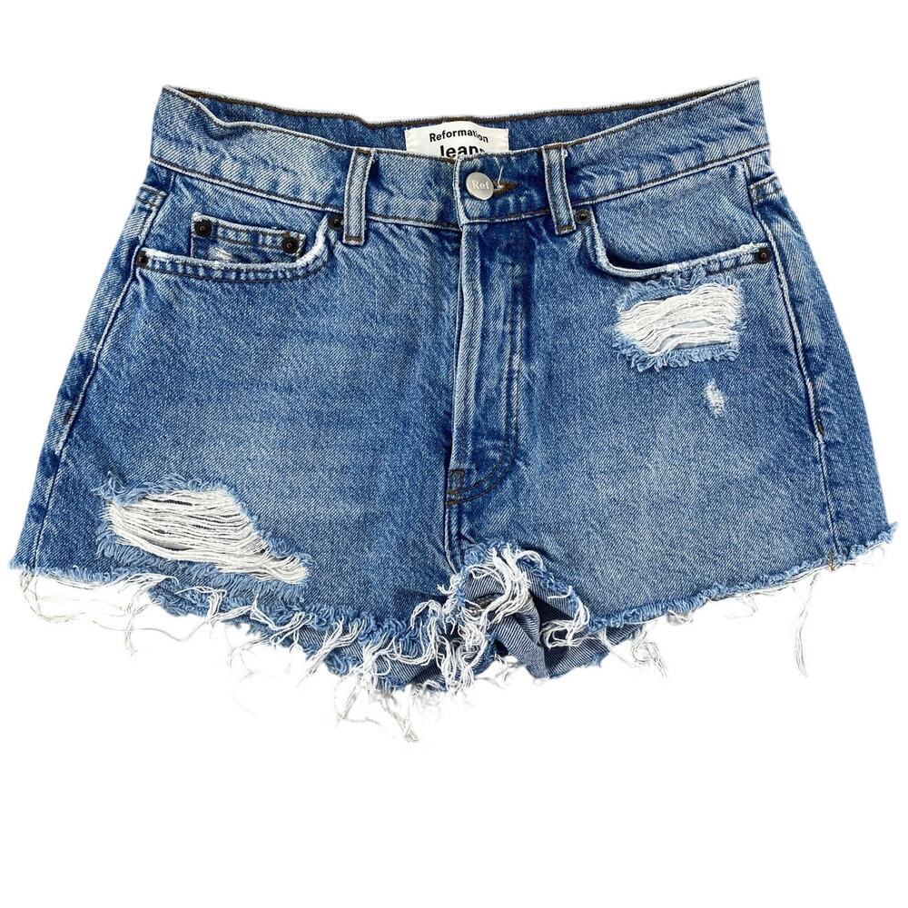 Reformation Dixie High Rise Distressed Denim Shorts Light Wash 23